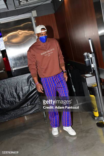 Russell Westbrook of the Los Angeles Lakers arrives to the arena before the game against the Memphis Grizzlies on January 9, 2022 at Crypto.Com Arena...