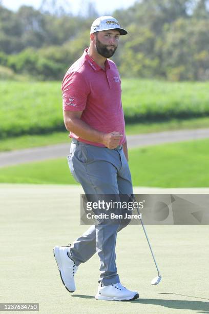 Jon Rahm of Spain fist pumps on the 13th green during the final round of the Sentry Tournament of Champions on the Plantation Course at Kapalua on...