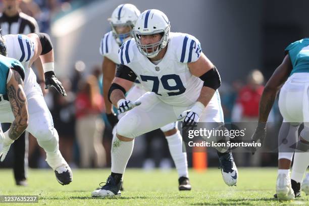 Indianapolis Colts offensive tackle Eric Fisher blocks during the game between the Indianapolis Colts and the Jacksonville Jaguars on January 9, 2022...