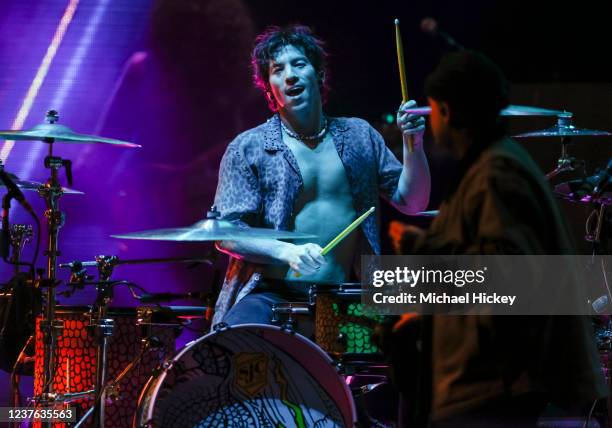 Josh Dun of Twenty One Pilots performs during the 2022 College Football Playoff Concert Series at Monument Circle on January 9, 2022 in Indianapolis,...
