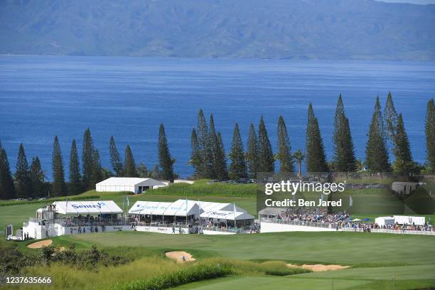 View of the 18th green during the final round of the Sentry Tournament of Champions on the Plantation Course at Kapalua on January 9, 2022 in...