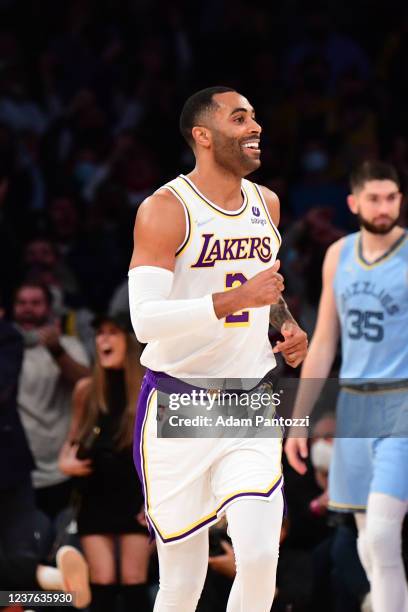 Wayne Ellington of the Los Angeles Lakers smiles during the game against the Memphis Grizzlies on January 9, 2022 at Crypto.Com Arena in Los Angeles,...