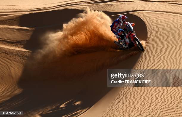 Biker Mason Klein competes during the Stage 8 of the Dakar Rally 2022 between al-Dawadimi and Wadi Ad-Dawasir in Saudi Arabia, on January 10, 2022.