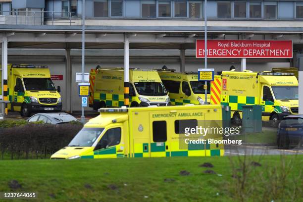 Ambulances parked outside the Emergency Department at Royal Blackburn Hospital in Blackburn, U.K., on Monday, Jan. 10, 2022. The U.K.'s National...