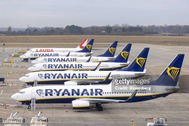 Passenger aircraft, operated by Ryanair Holdings Plc, on the tarmac at London Stansted Airport, operated by Manchester Airport Plc, in Stansted,...