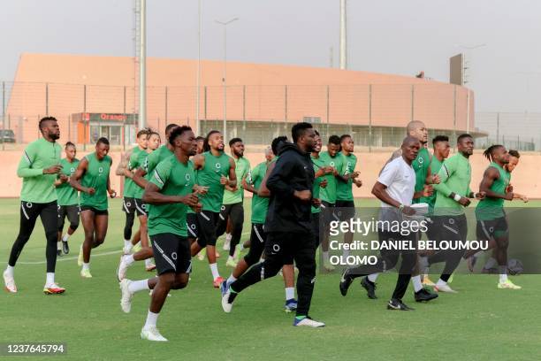 Nigeria's national team players run during a training session in Garoua on January 10 on the eve of the Africa Cup of Nations 2021 football match...