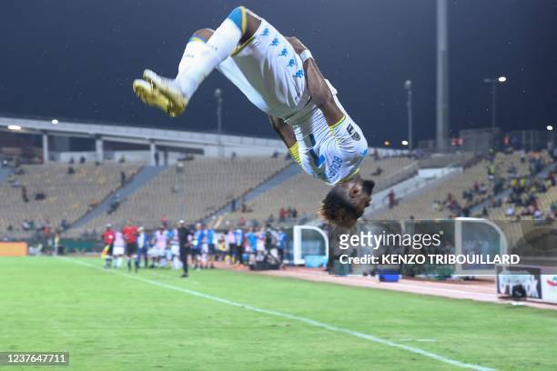 Gabon's forward Aaron Boupendza celebrates scoring his team's first goal during the Group C Africa Cup of Nations 2021 football match between Comoros...