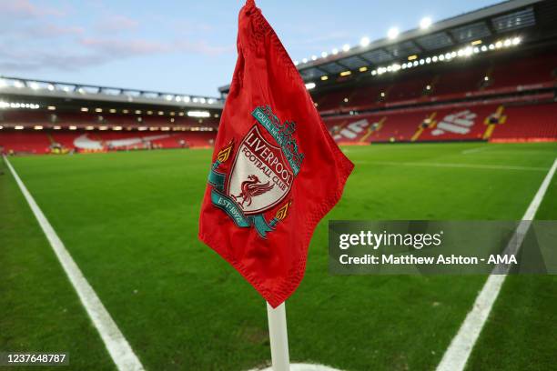 General detail view of the Liverpool badge / logo on a corner flag at Anfield Stadium during the Emirates FA Cup Third Round match between Liverpool...