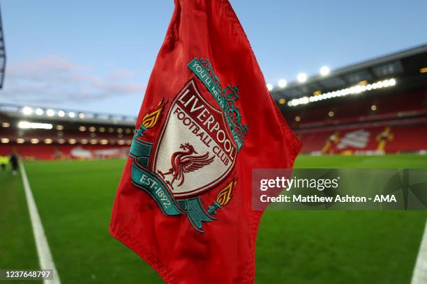 General detail view of the Liverpool badge / logo on a corner flag at Anfield Stadium during the Emirates FA Cup Third Round match between Liverpool...