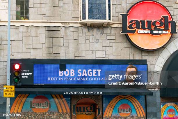 The Laugh Factory in Hollywood honors Bob Saget on their marquee with the message 'Rest In Peace Make God Laugh' after the announcement of the...
