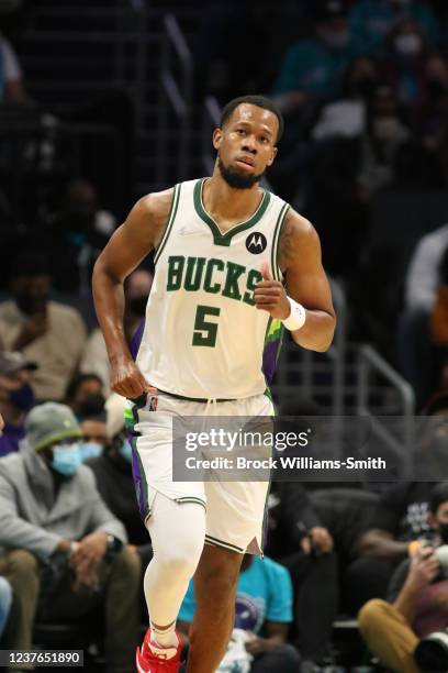 Rodney Hood of the Milwaukee Bucks runs on the court during the game against the Charlotte Hornets on January 10, 2021 at Spectrum Center in...