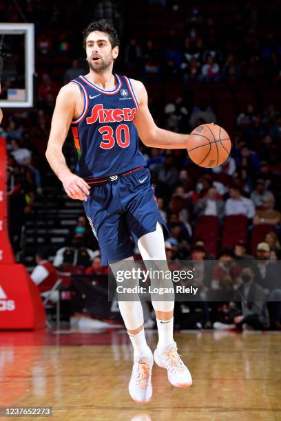 Furkan Korkmaz of the Philadelphia 76ers dribbles the ball during the game against the Houston Rockets on January 10, 2022 at the Toyota Center in...