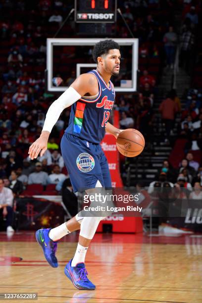 Tobias Harris of the Philadelphia 76ers dribbles the ball during the game against the Houston Rockets on January 10, 2022 at the Toyota Center in...