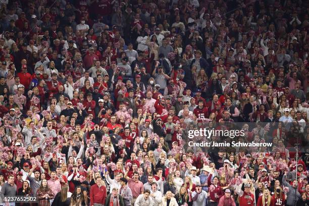 Alabama Crimson Tide fans cheer during the College Football Playoff Championship game against the Alabama Crimson Tide held at Lucas Oil Stadium on...