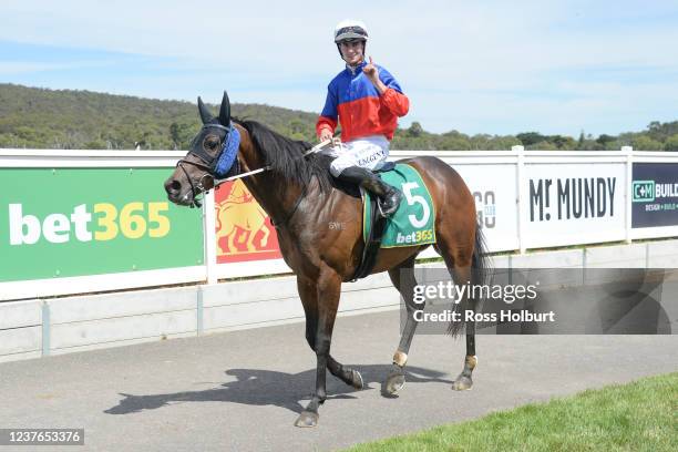 Teodore Nugent returns to the mounting yard on Panama Papers after winning the bet365 Racing Refunds BM58 Handicap at Kilmore Racecourse on January...