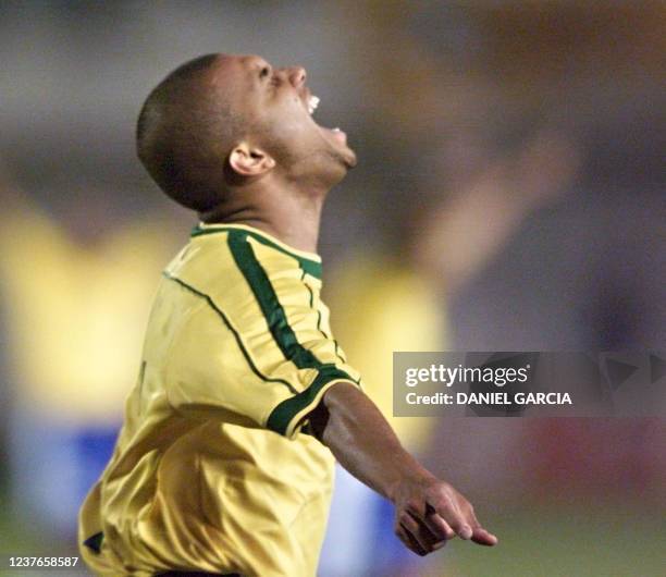 Brazil's Amoroso celebrates the first goal during their 14 July Copa America semi-final match in Ciudad del Este, Paraguay. Brazil advanced to the...