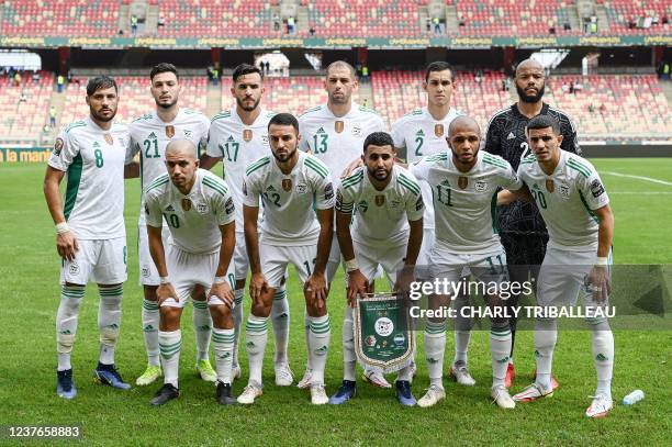 Algeria's forward Youcef Belaili, defender Ramy Bensebaini, defender Abdelkader Bedrane, forward Islam Slimani, defender Aissa Mandi, goalkeeper Rais...