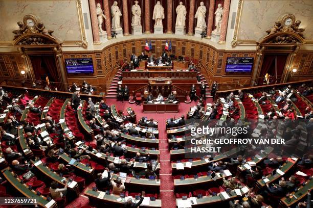 General view taken at the Senate in Paris, on January 11 during the debate of the bill reinforcing the tools for managing the health crisis amid the...