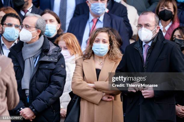 Parliaments President head of cabinet Lorenzo Manelli is posing with the Spanish Member of the European Parliament Iratxe Garcia Perez and the German...