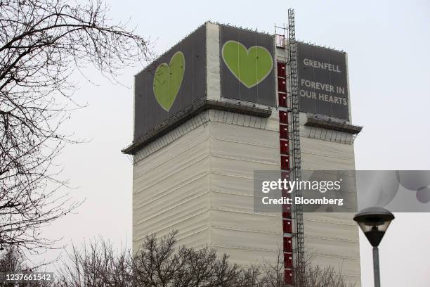 The remains of Grenfell Tower in North Kensington, London, U.K., on Tuesday, Jan. 11, 2022. U.K. Property developers must contribute to a 4...