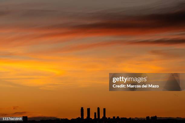 View of the skyscrapers of the Four Towers Business Area of Madrid during the sunset of a winter day.
