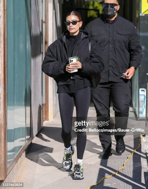 Hailey Bieber is seen on January 11, 2022 in Los Angeles, California.