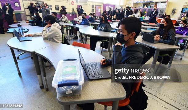 Seventh and eighth grades students attend a combined Advanced Engineering class at Olive Vista Middle School on the first day back following the...