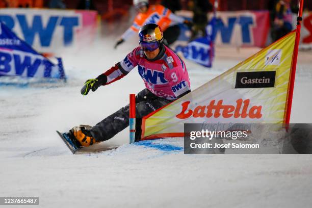 Benjamin Karl of Austria during the Snowboard World Cup Parallel Slalom on January 11, 2022 in Bad Gastein, Austria.