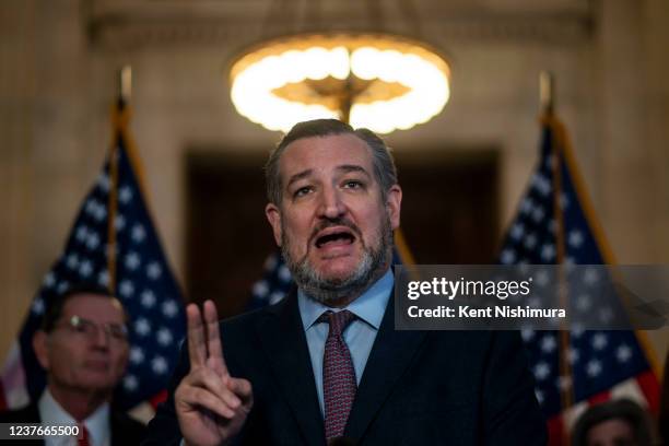 Sen. Ted Cruz speaks during a news conference before attending a weekly Senate Policy Luncheon on Capitol Hill on Tuesday, Jan. 11, 2022 in...