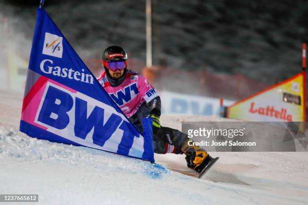 Lukas Mathies of Austria during the Snowboard World Cup Parallel Slalom on January 11, 2022 in Bad Gastein, Austria.