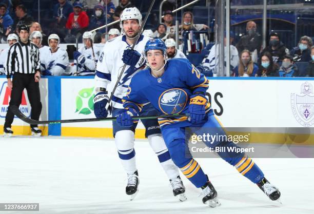 Jack Quinn of the Buffalo Sabres skates against Nikita Kucherov of the Tampa Bay Lightning during an NHL game on January 11, 2022 at KeyBank Center...