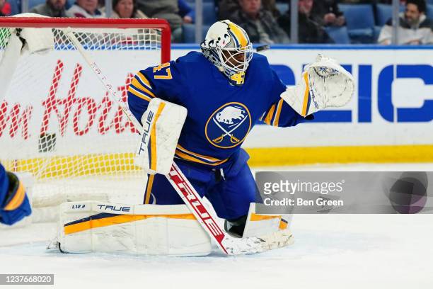 Malcolm Subban of the Buffalo Sabres makes a save Tampa Bay Lightning during an NHL game on January 11, 2022 at KeyBank Center in Buffalo, New York....