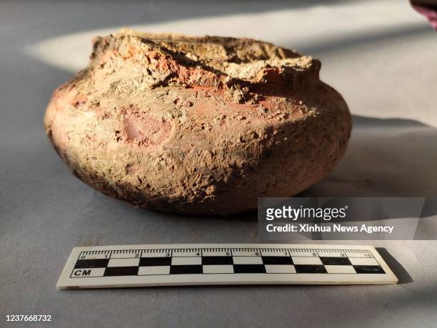 Undated photo shows a piece of pottery found in the Sunjiagang site in Lixian County, central China's Hunan Province. Archaeologists have recently...