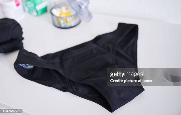 January 2022, Berlin: Period underwear is lying on a dresser. Behind it is a container with tampons and a pack of pads. Photo: Annette Riedl/dpa