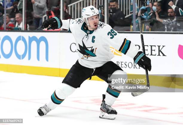Logan Couture of the San Jose Sharks celebrates scoring the game-winning goal in overtime against the Detroit Red Wings at SAP Center on January 11,...