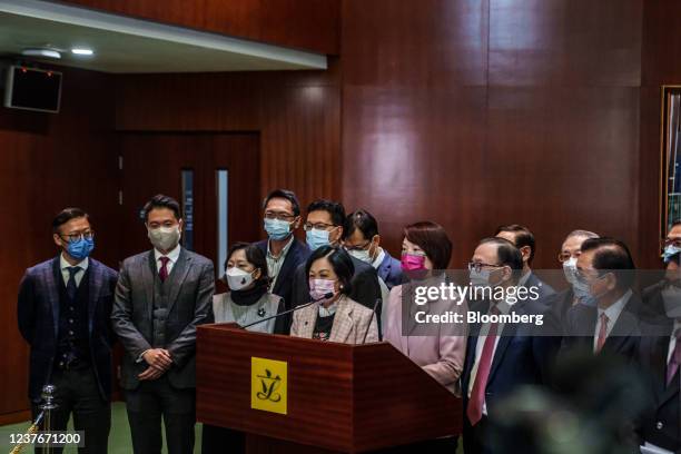 Lawmakers speak to the members of the media following a Question and Answer session at the Legislative Council in Hong Kong, China, on Wednesday,...