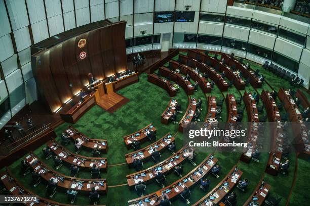 Carrie Lam, Hong Kong's chief executive, speaks during a Question and Answer session in the chamber of the Legislative Council in Hong Kong, China,...