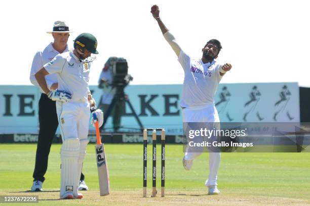 Jasprit Bumrah of India during day 2 of the 3rd Betway WTC Test match between South Africa and India at Six Gun Grill Newlands on January 12, 2022 in...