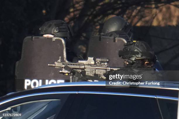 Armed Police officers in attendance during a continuing stand off with a barricaded man on January 12, 2022 in the Earlsdon suburb of Coventry,...