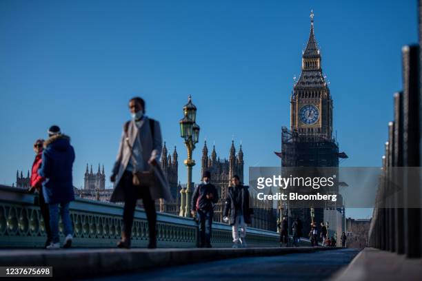 Clock face on the Elizabeth Tower, commonly known as Big Ben, as restorations continue on the Houses of Parliament in London, U.K., on Wednesday,...