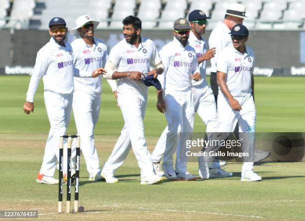 Jasprit Bumrah of India celebrates the wicket of Lungi Ngidi of South Africa and a 5for with team mates during day 2 of the 3rd Betway WTC Test match...