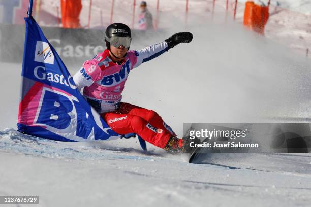 Nevin Galmarini of Switzerland competes during the Snowboard World Cup Parallel Team Slalom on January 12, 2022 in Bad Gastein, Austria.