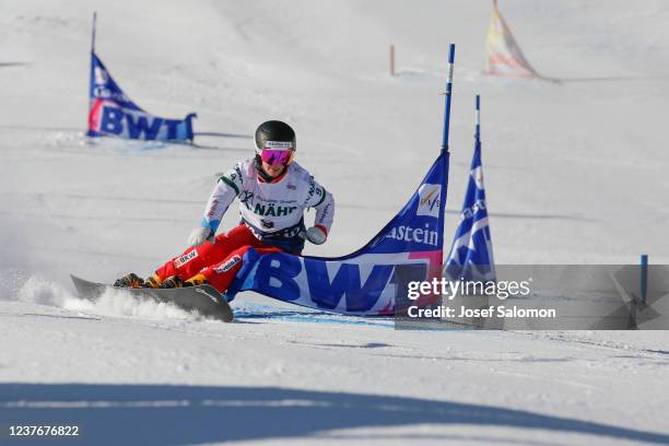 Ladina Jenny of Switzerland competes during the Snowboard World Cup Parallel Team Slalom on January 12, 2022 in Bad Gastein, Austria.