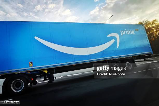 Amazon Prime delivery truck is photographed at A4 highway near Katowice, Silesia region in Poland. November 4th, 2021.