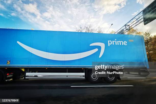 Amazon Prime delivery truck is photographed at A4 highway near Katowice, Silesia region in Poland. November 4th, 2021.