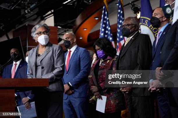 At left, Chair of the Congressional Black Caucus Rep. Joyce Beatty speaks during a news conference at the U.S. Capitol on January 12, 2022 in...
