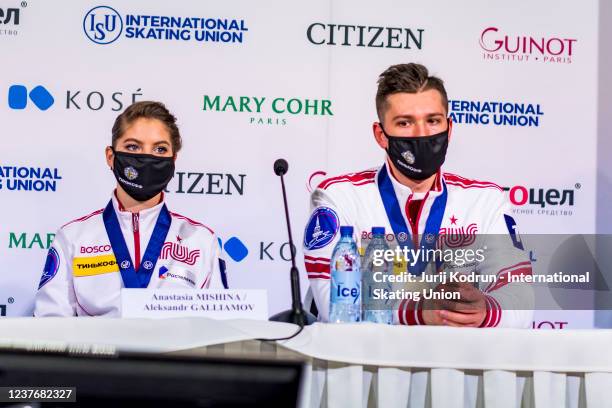 Gold medal winners Anastasia Mishina and Aleksandr Galliamov of Russia during the press conference after ISU European Figure Skating Championships at...