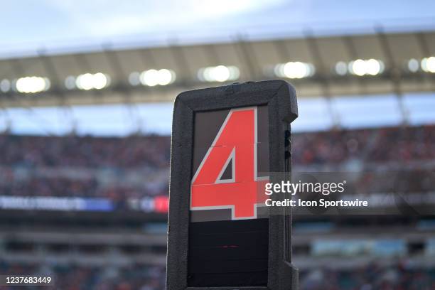 Detail view of a fourth down marker is seen during a game between the Cincinnati Bengals and the Baltimore Ravens on December 26 at Paul Brown...