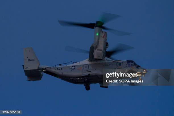 Bell Boeing V22, CMV-22B, Osprey tilt-rotor transport aircraft with the United States Navy Fleet Logistics Multi-Mission Squadron 30 flying over...