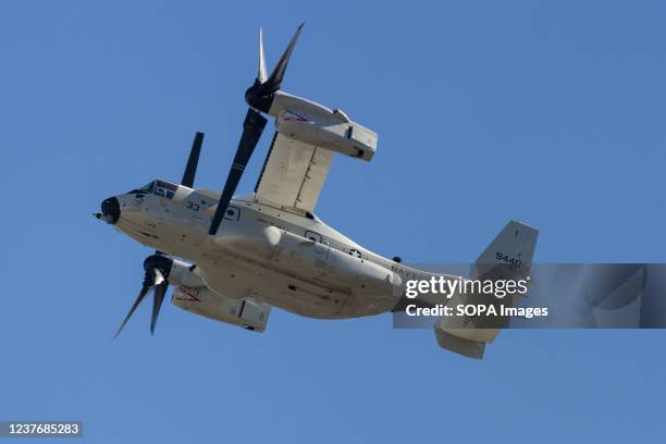 Bell Boeing V22, CMV-22B, Osprey tilt-rotor transport aircraft with the United States Navy Fleet Logistics Multi-Mission Squadron 30 flying over...